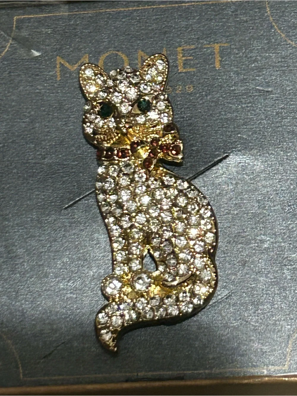 Monet Gold-tone Cat Brooch with Clear Crystals